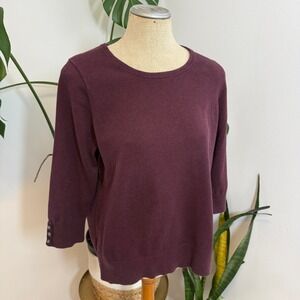 Lands End 100% Cotton Womens‎ Burgundy 3/4 Sleeve Crew Neck Sweater Size L